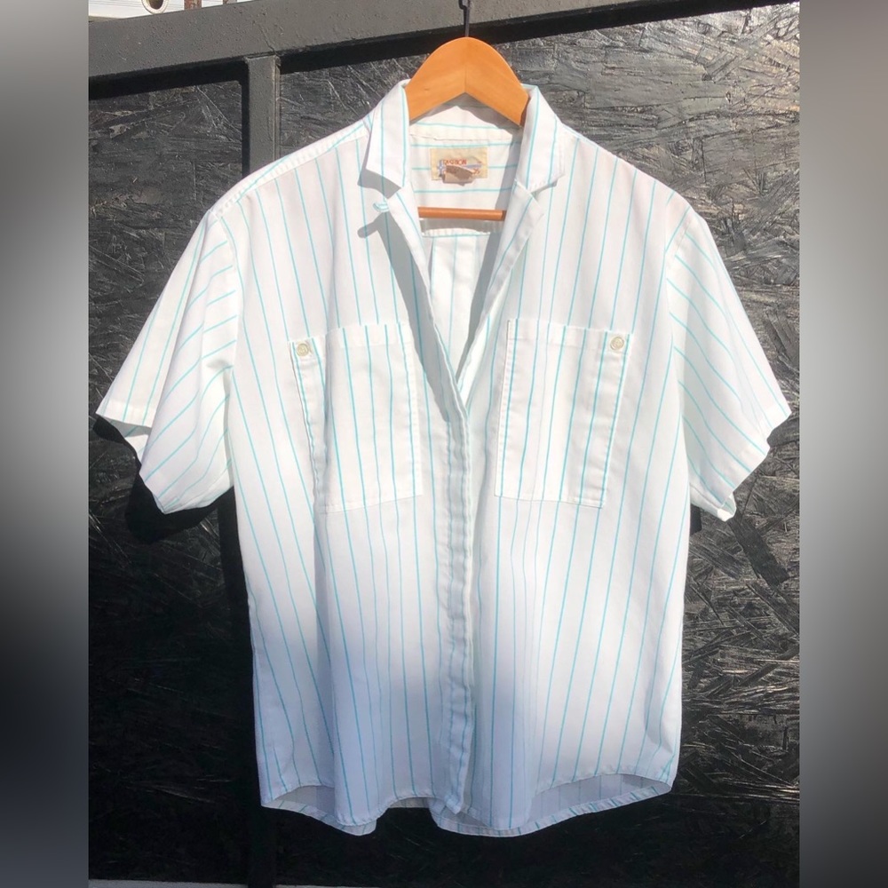 white and teal button up, boxy fit